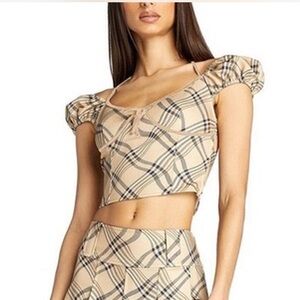 I.AM.GIA Plaid Puff Sleeve Crop Top
